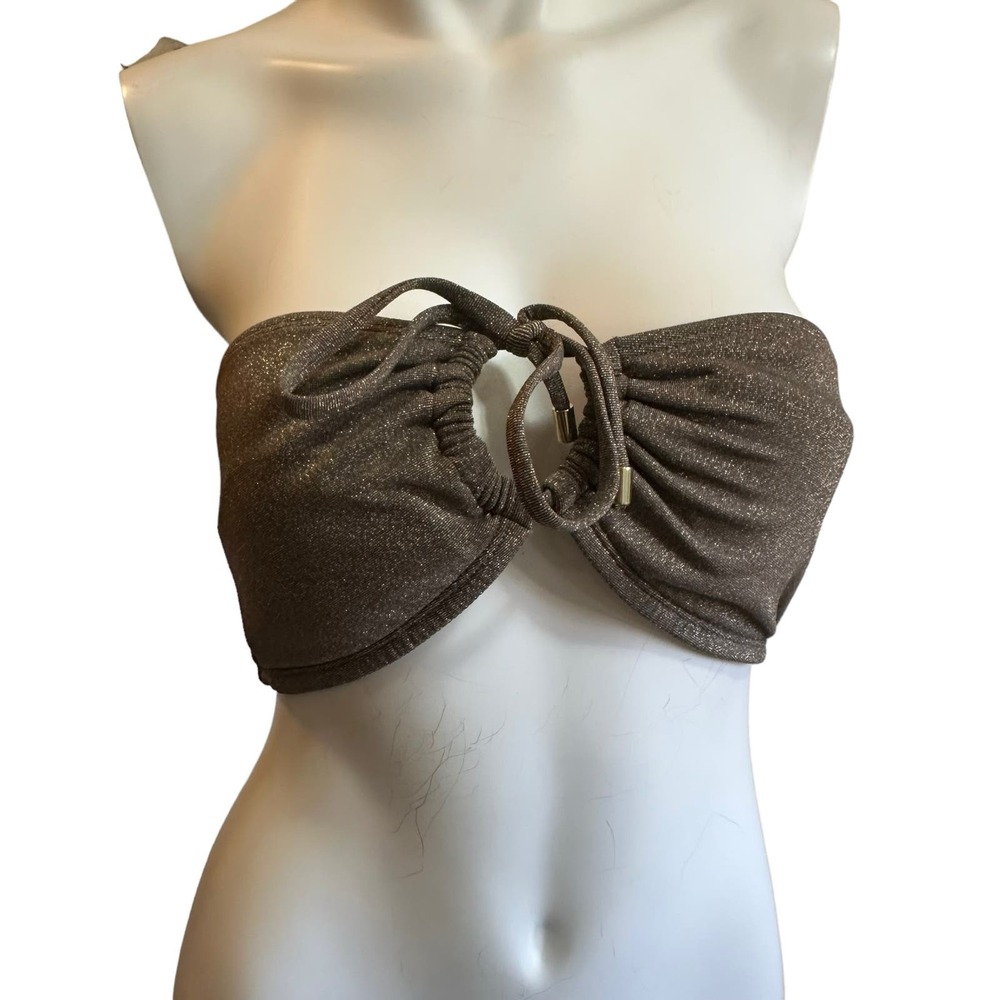 Peony Swimwear Bronze Gold Metallic Bandeau Tie Front Bandeau Bikini Top sz 12=L